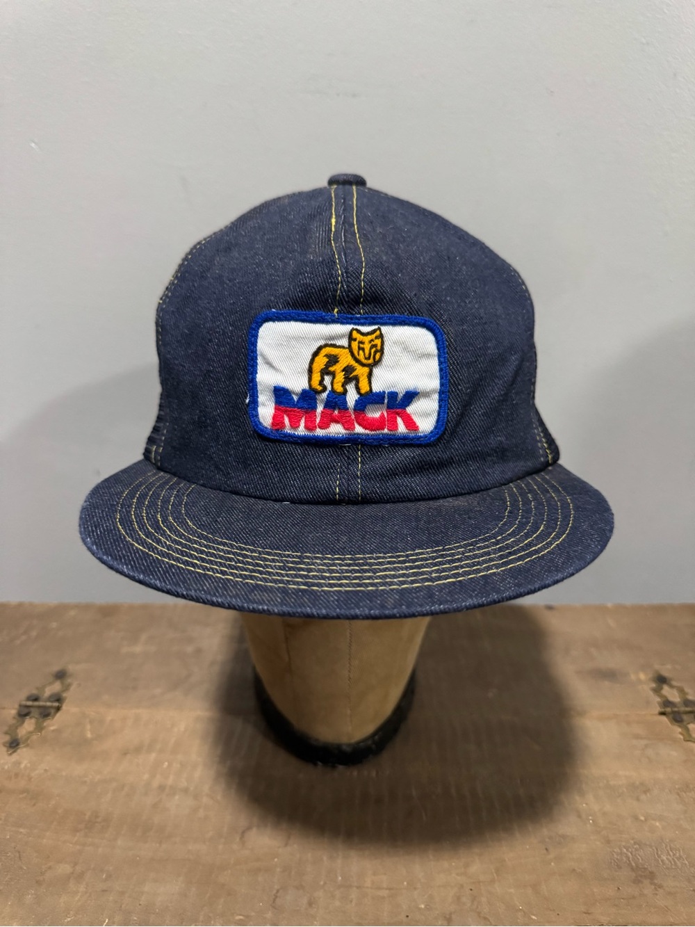 Vintage Mack Trucks Trucker Hat Denim Mesh Snapback Bulldog Patch Distressed